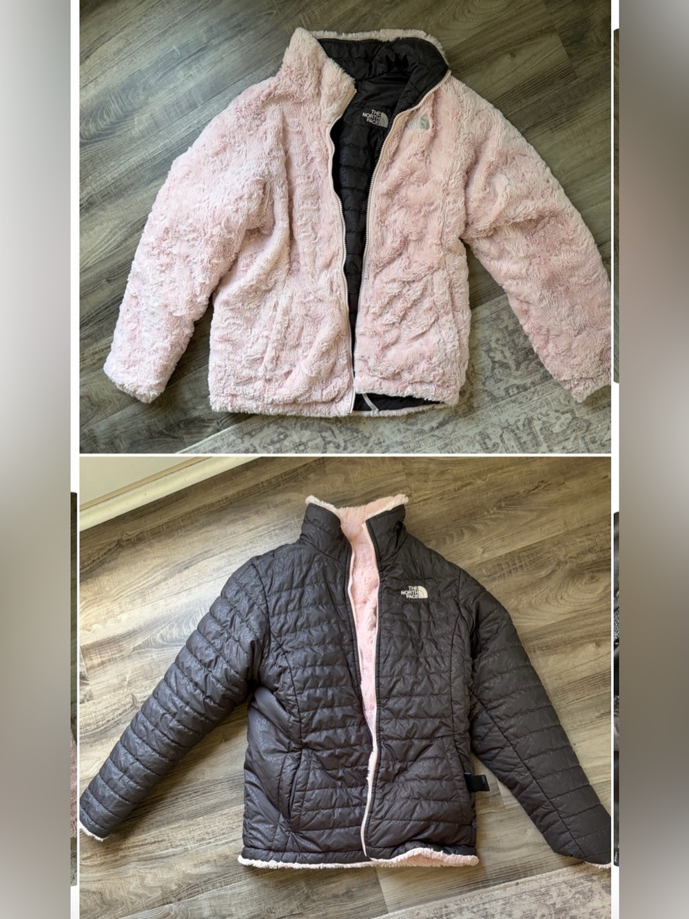 The North Face girls Reversible Pink & Gray Puffer Fleece Jacket